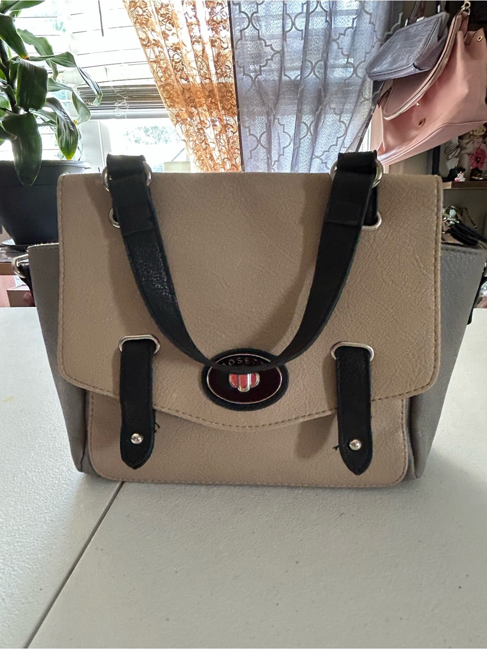 Rosetti Taupe Satchel with Black Straps and Gray Sides